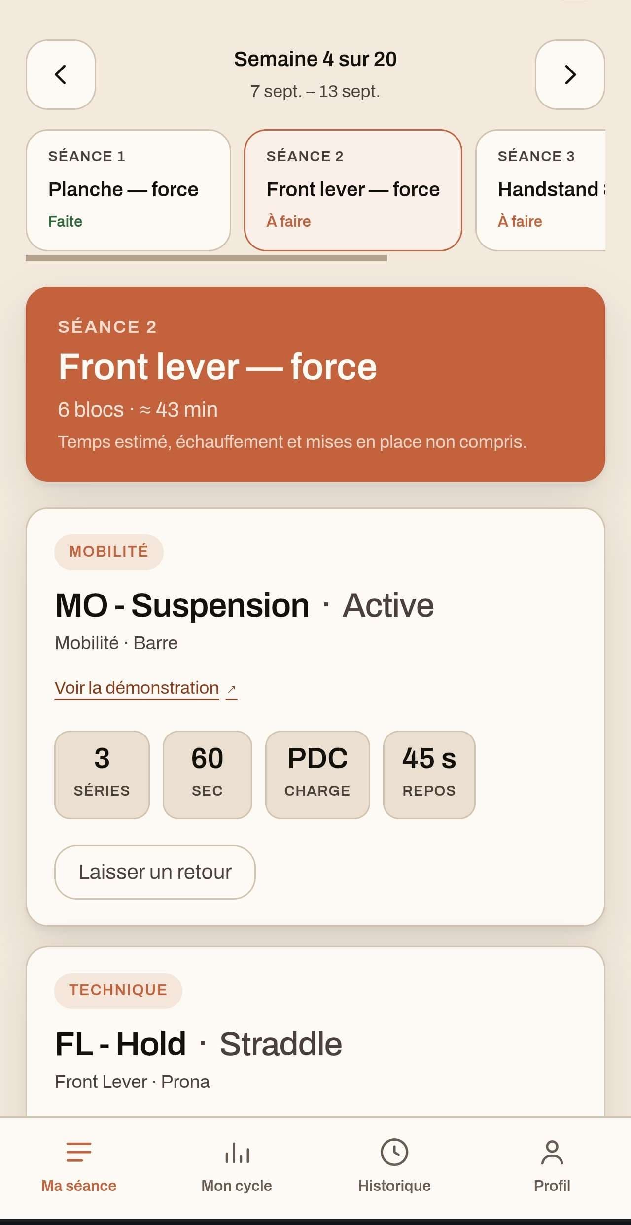 Écran « Ma séance » : la séance Front lever force de la semaine 4, six blocs, avec le nombre de séries, la durée, la charge et le temps de repos.